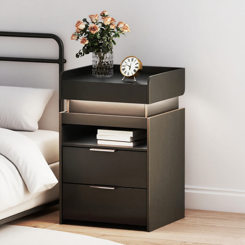 17.7"W Nightstand With LED Lights, Black