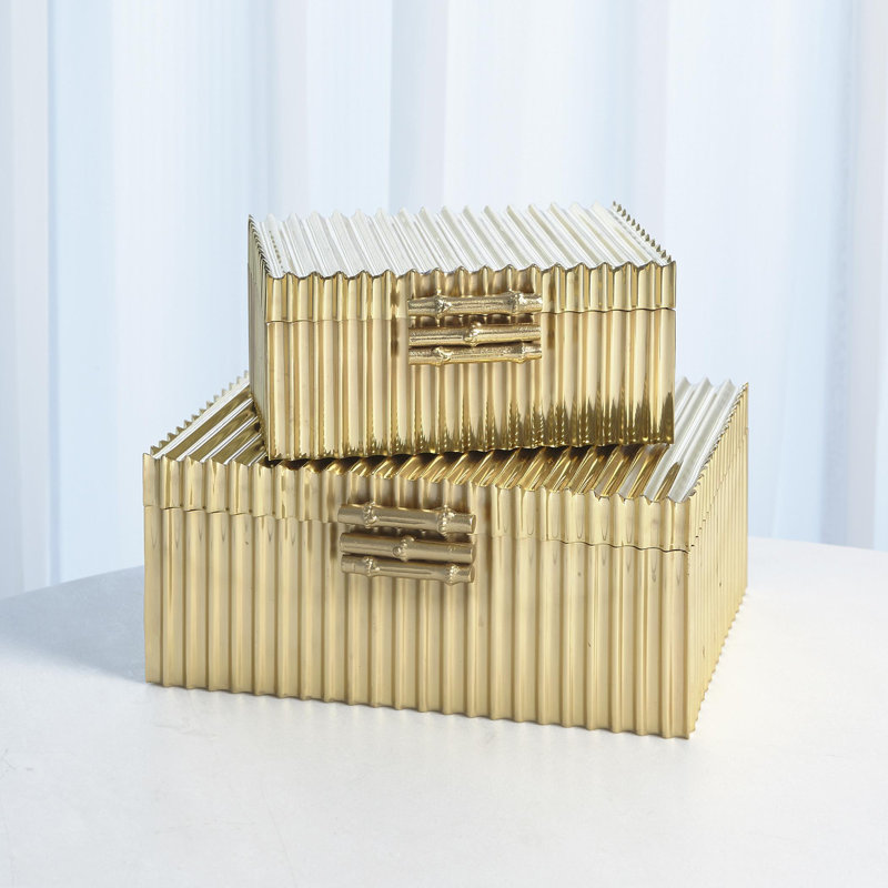 Corrugated Bamboo Box-Brass-Lg, 4" H x 9" W x 6" D, Brass