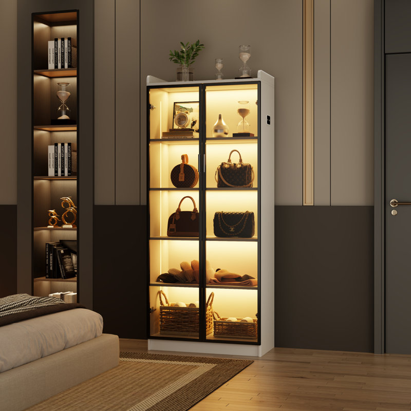5-Tier Display Cabinet with 3 Color Led Lights and Human Sensor Function, White