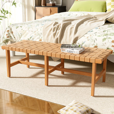 Élégant banc de chambre en bois d'acacia avec siège en similicuir
