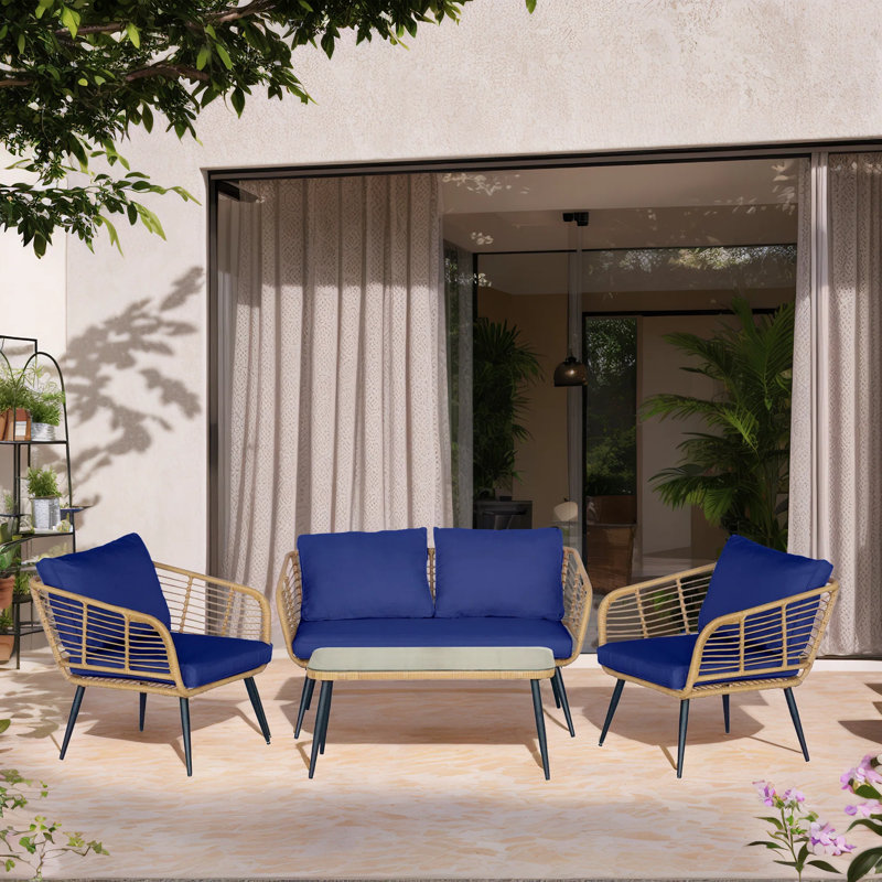 Gonneke 4-Person Patio Conversation Sets with Cushions, Blue