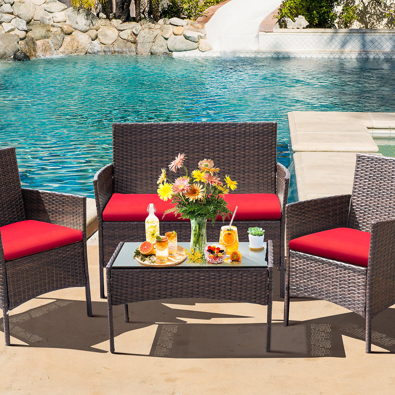 Rifiki 4 - Person Patio Conversation Set with Cushions, Brown, Red