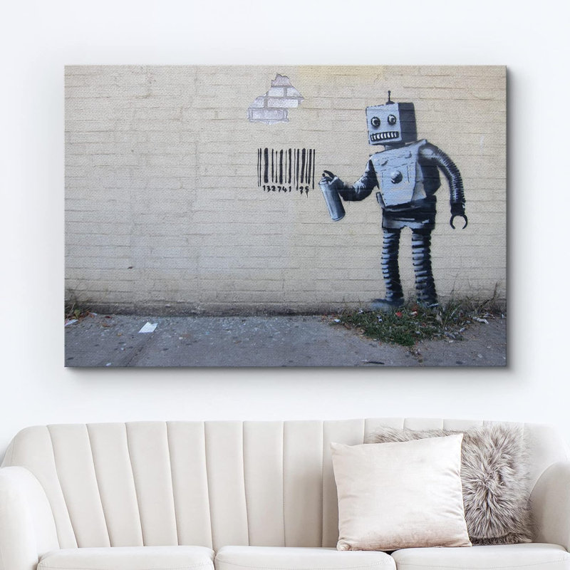 Banksy Robot Spray, peinture à code-barres sur toile, Toile tendue, H 24 po x l 36 po x P 1,5 po