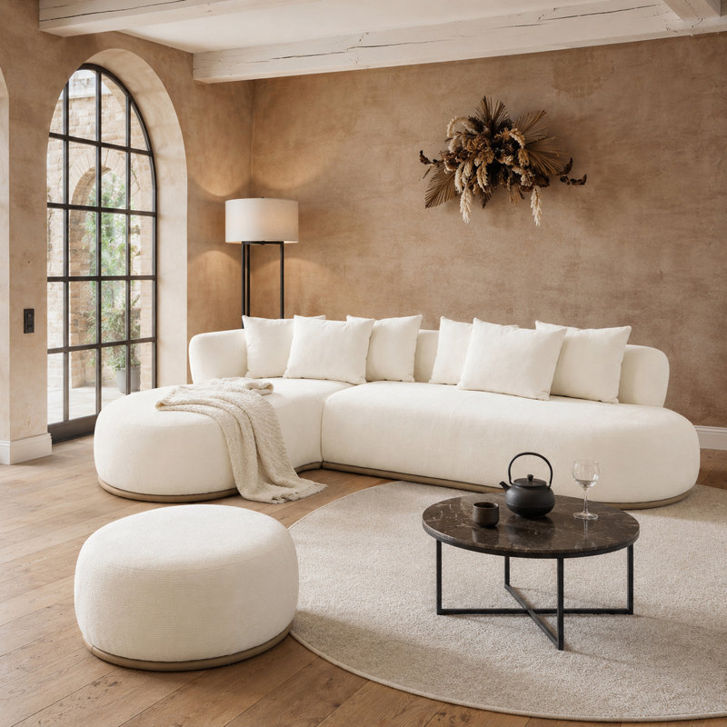 Upholstered 135 " Polyester L-Shaped Sectional, Beige, Left Hand Facing
