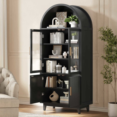 70.8" Tall Arched Storage Cabinet, Freestanding Wooden Display Cabinet with Glass Doors for Living Room