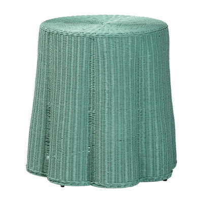 Natural Rattan Console Table - Handwoven Wicker Round Accent Table For Living Room, Sunroom Or Foyer Place, Coastal Boho Style In Teal Green