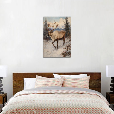 Art de Noël de Noël, art de toile de renne enneigé, impression de peinture de scène de forêt de vacances pour salon de bureau à domicile, image d'art mural prête à accrocher, 18 po x 24 po