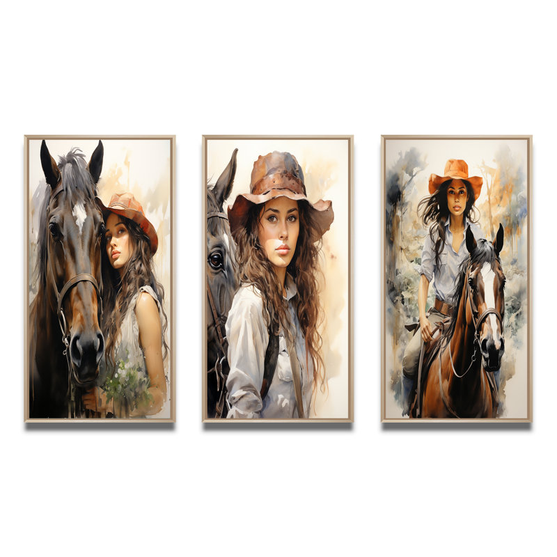 «Cowgirl And Horse Bond», 3 pièces, Encadré naturel, H 28 po x l 36 po