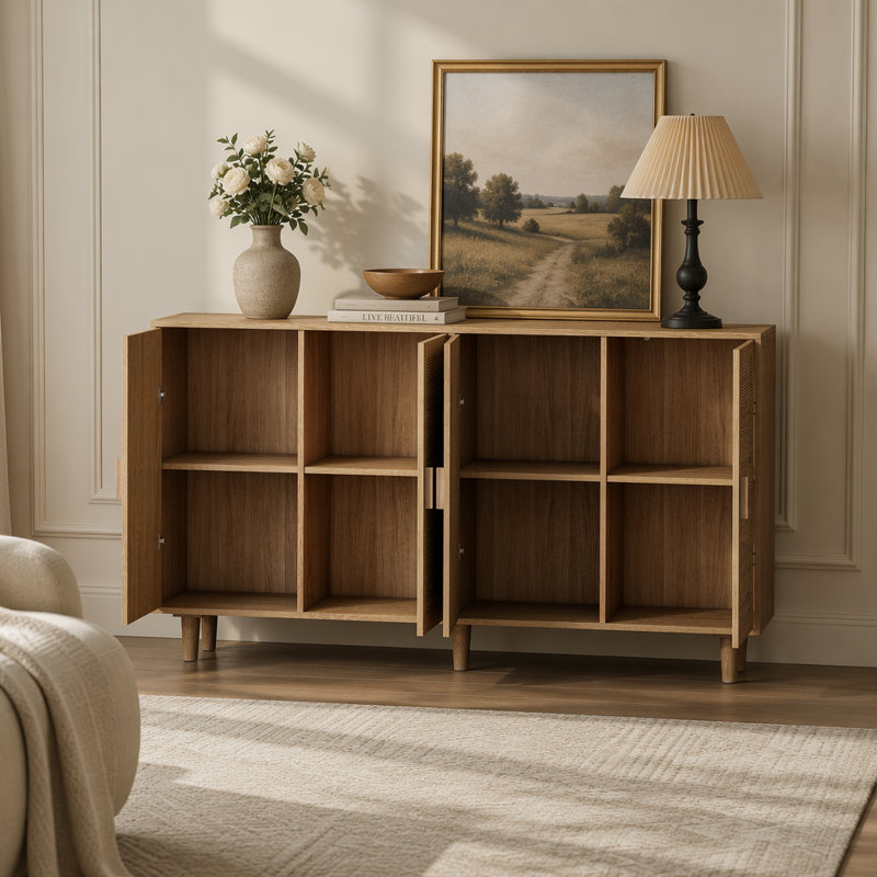 Élégante armoire de rangement en rotin à 4 portes pour une organisation facile et un décor moderne, avec un assemblage simple