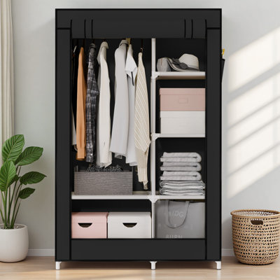  Portable Closet Organizer with 6 Shelves & 1 Hanging Rod, Non-woven Fabric Wardrobe Clothes Storage with 4 Side Pockets for Bedroom, Living Room, Cloakroom, Dorm, Apartment, Black