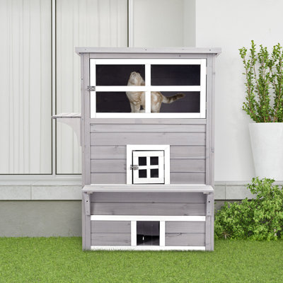 3-story Kitten , Outdoor Cat House In Grey, With Asphalt Roof, Escape Doors & Intrigue Jumping Platforms