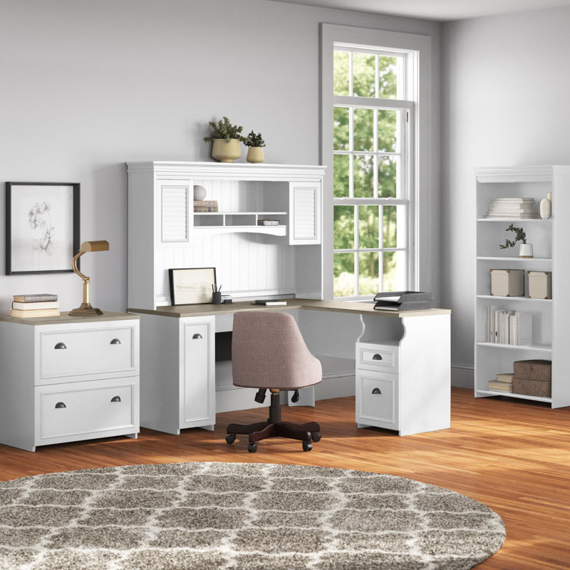 Huckins 5 Piece Computer Desk Office Set, Shiplap Gray/Pure White