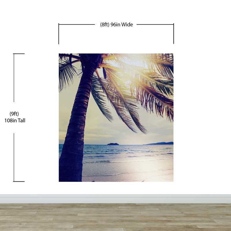 Murale plage, palmier et coucher de soleil, H 108 po x l 96 po