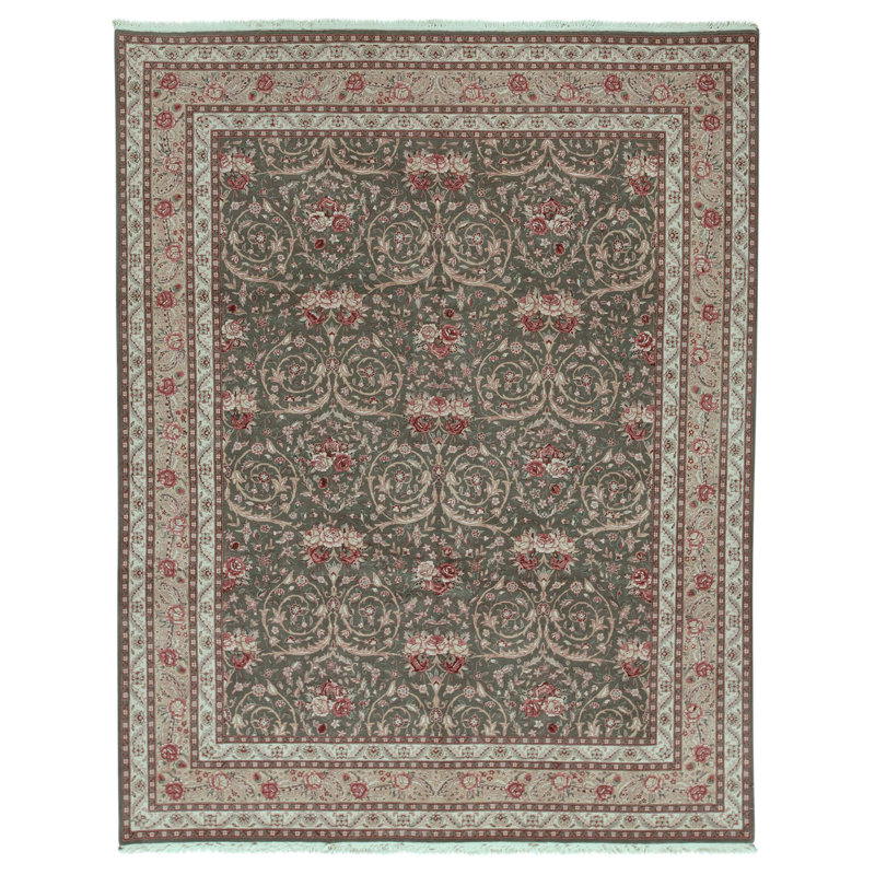 Tapis vert olive et doré noué à la main de haute qualité