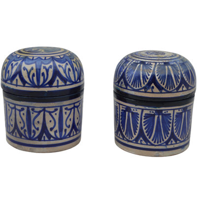 Ensemble de 2 pots à couvercle Mid-Century marocain bleu / blanc en céramique Fez