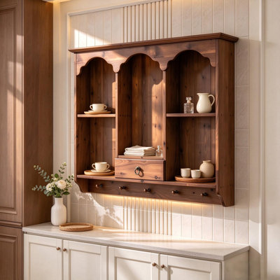 Étagère de rangement ouverte 39,37 pouces à 2 niveaux sans porte arquée, support d'affichage multi-grilles, étagère murale décorative pour salle de bain, cuisine, salle à manger, salon, brun