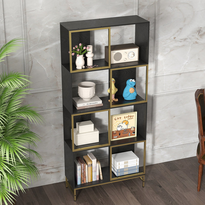 Étagères de rangement à 4 niveaux, étagère de rangement pour présentoir à bibliothèque pour petits espaces, salon, Noir / or