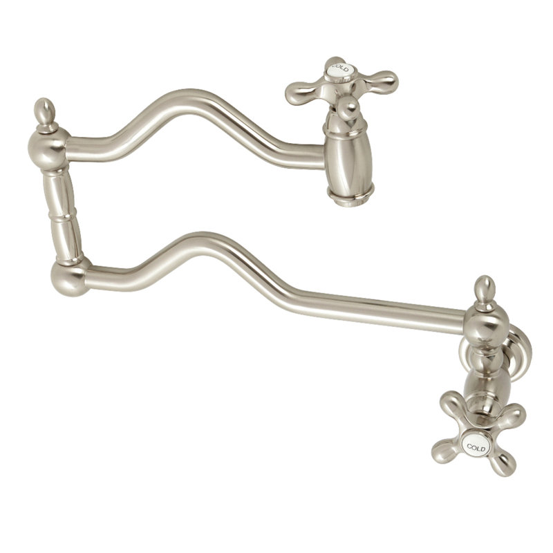 Kingston Brass Heritage Two-Handle 1-Hole Wall Mount Pot Filler Faucet, Brushed Nickel, Knob/Cross 
