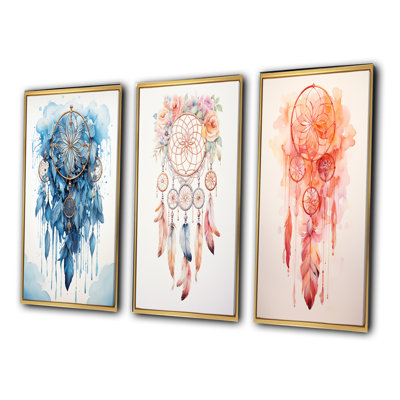 «Blue Boho Dreamcatcher Watercolor», 3 pièces sur toile