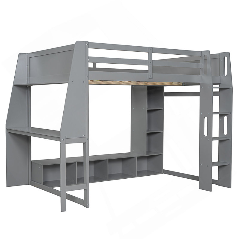 Lit mezzanine en bois avec bureau, étagères à rangement multiples, DEL et portemanteau suspendu, Lit double