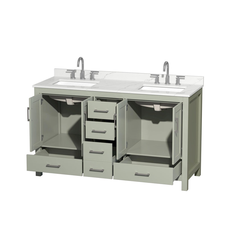 Meuble-lavabo double autoportant 60 po avec plateau en quartz Sheffield, Quartz Giotto, Vert, Nickel brossé