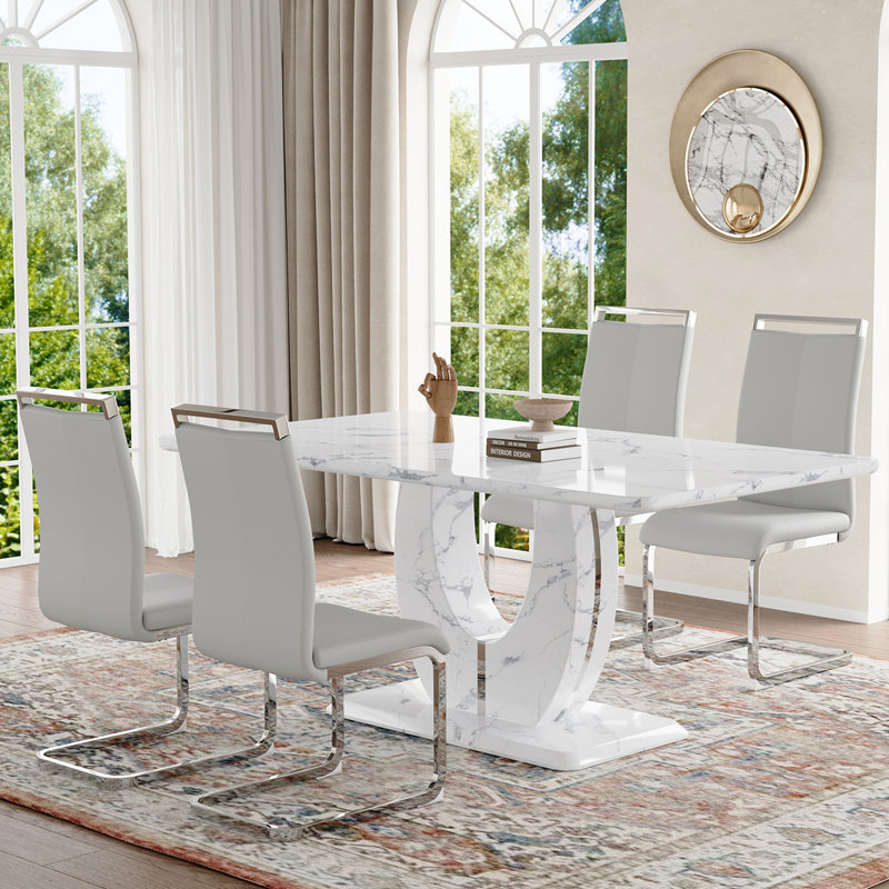 Ensemble de table de salle à manger, Gris léger / argent, Marbre blanc, 5 pièces