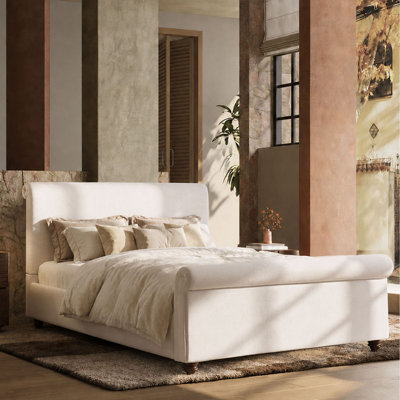 Upholstered Bed Frame with Linen Fabric, Thick Rolled Headboard & Solid Wood Legs, White
