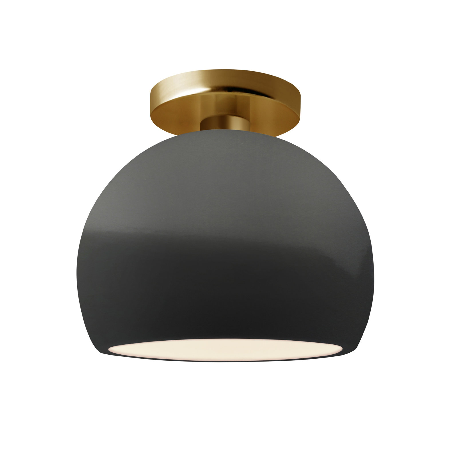 Single Light Ceramic LED Semi Flush Mount, 7" H x 7" W x 7" D, Gloss Gray, Brushed Brass