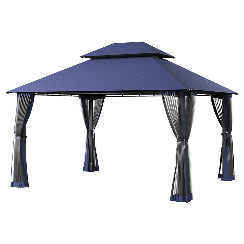  12' x 10' Heavy Duty Patio Gazebo with Extended Eaves - Stable Frame Double Roof Pavilion with Netting and Built-In Drainage