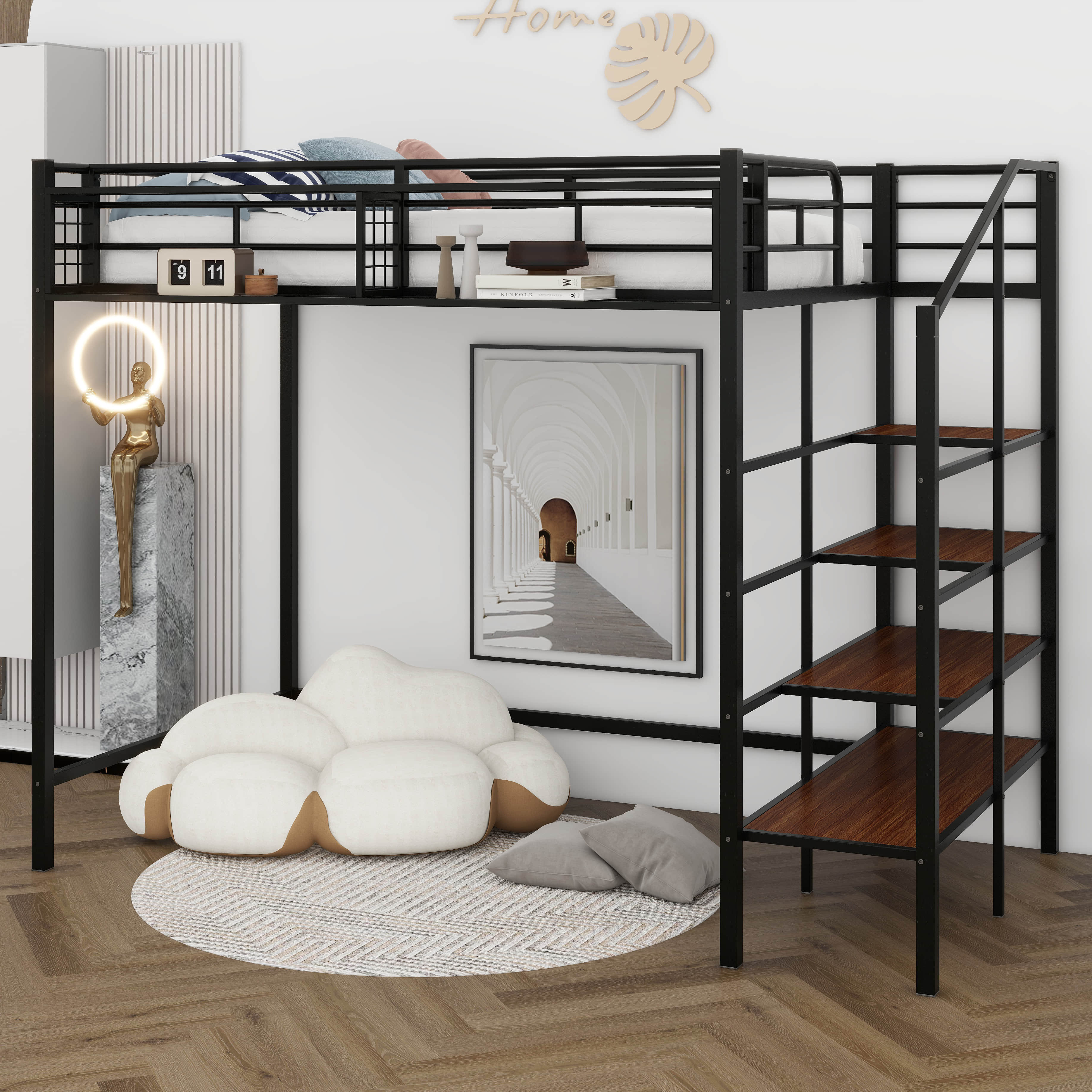 Mason & Marbles Twin Size Metal Loft Bed With Storage Stairs And Upper ...