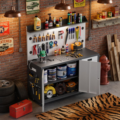 55" Rolling Workbench with Storage and Pegboard, Steel Garage Table with Lockable Cabinets, Drawers, Power Outlet, Anti-Slip Mat, and LED Light, Work Bench on Wheels Welding Bench for Workshop and Garage Repair