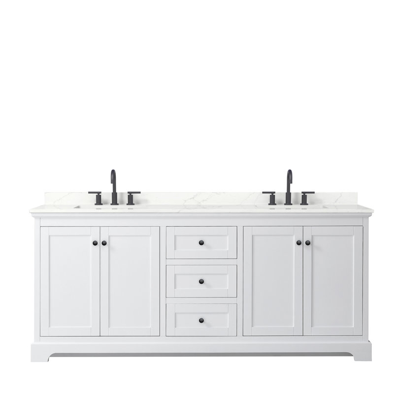 Avery Double Bathroom Vanity with Quartz Top, White Quartz, White, Brushed Gold