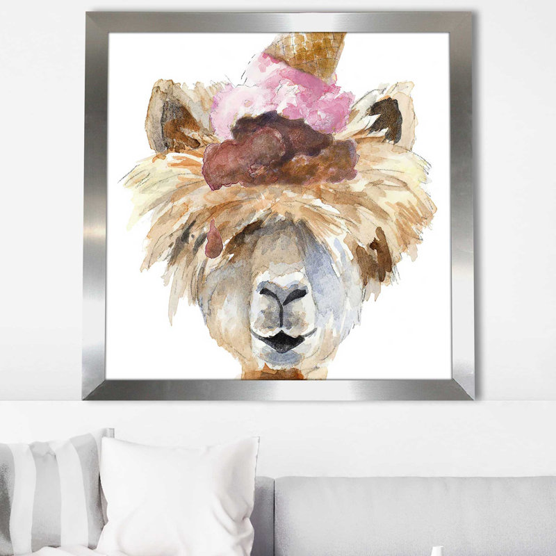 «Ice Cream Llama (Square)» par Lanie Loreth, reproduction, Encadrement argenté, H 31,5 po x l 31,5 po x P 1 po