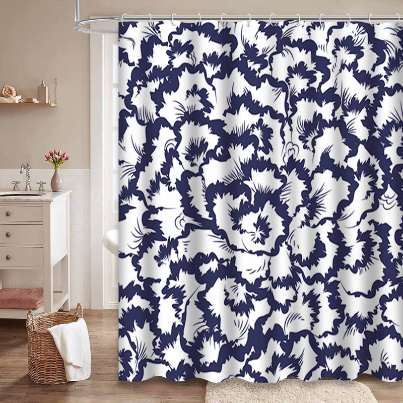 Abstract Floral Elegant Romantic Navy Shower Curtain with 12 Hooks, 72" L x 84" W
