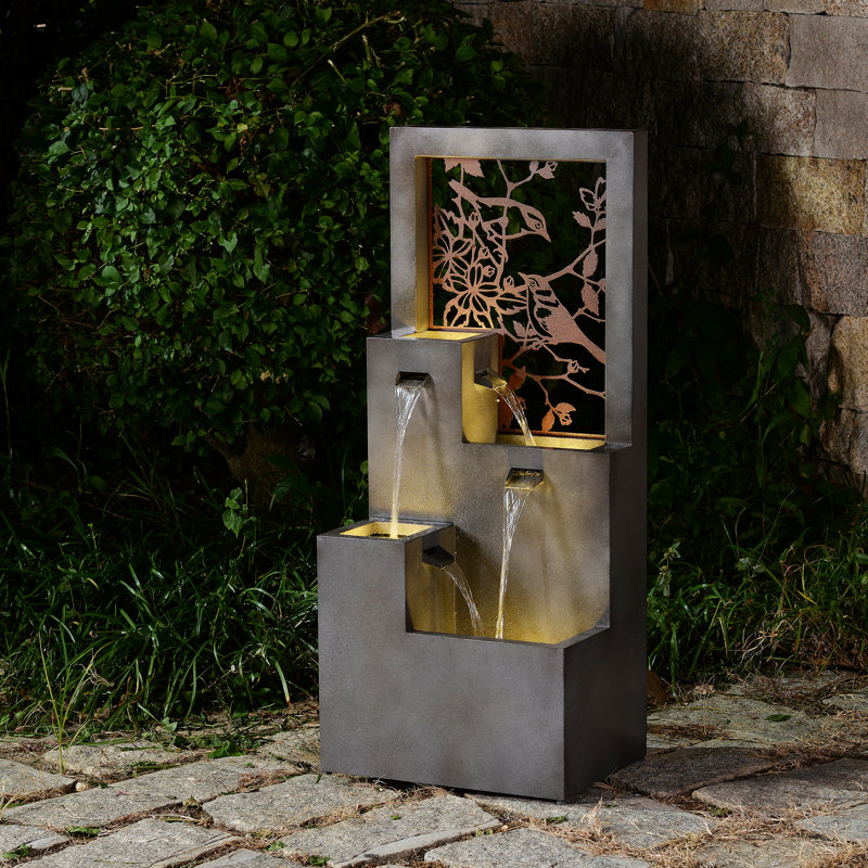 Metal Water Fountain with Bird Design and LED Lights - Outdoor