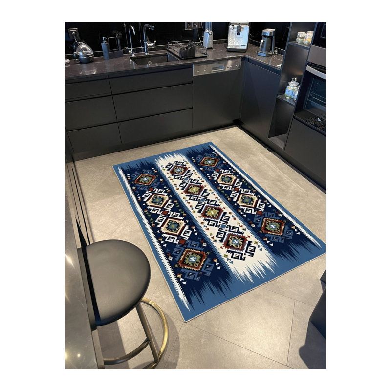 Tapis bleu lavable à rayures multicolore traditionnel, Sous-tapis rectangulaire de 3 pi 3 po x 4 pi 11 po