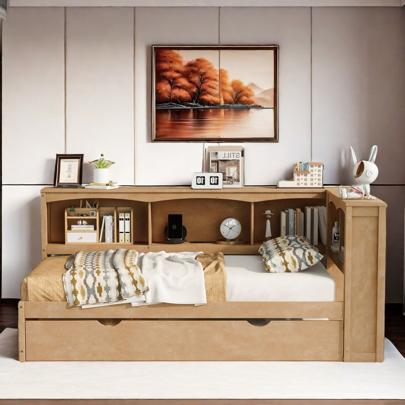 Lit de jour moderne avec lit gigogne, armoires de rangement et ports USB, Naturel