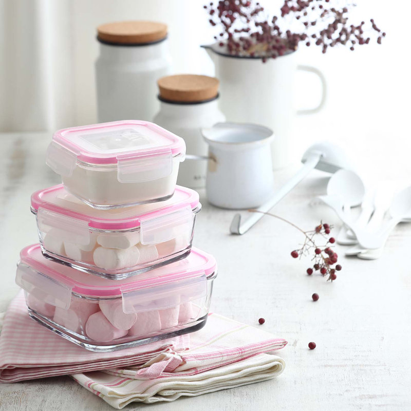 Ensemble de 3 contenants alimentaires en verre transparent LAV avec couvercles verrouillables roses