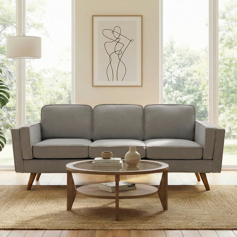 Canapé rembourré 84 po Mid-Century, structure et pieds en bois massif, canapé 3 places pour le salon, Gris clair