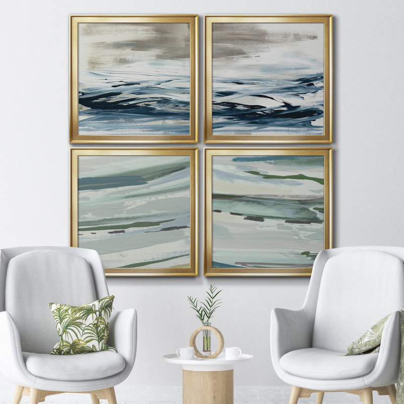 Tumultous Indigo I - ensemble de 4 reproductions d'art sur toiles, Encadrement doré, H 34,5 po x l 138 po x P 1,5 po