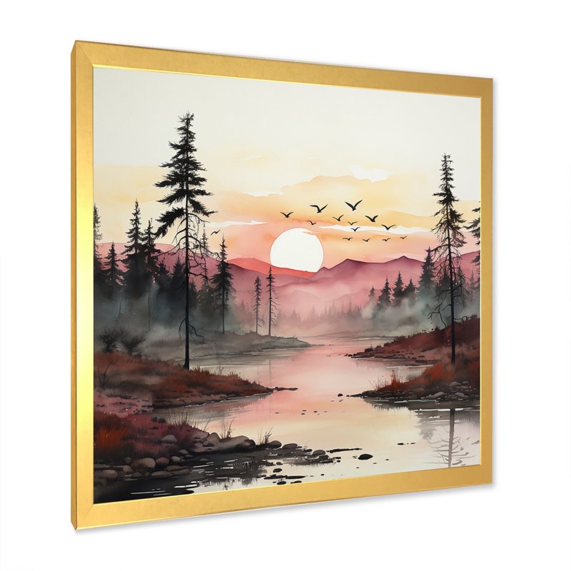 Pink Sunset Over Lake River - Landscapes Canvas Prints, H 30 po x l 30 po x P 1 po, Encadrement doré