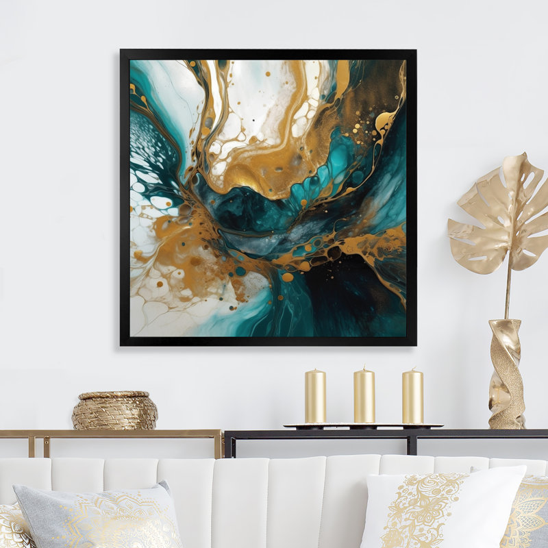 Turquoise et or sculptant l'espace - Art abstrait sur toile géométrique, Cadre photo noir, H 16 po x l 16 po x P 1 po