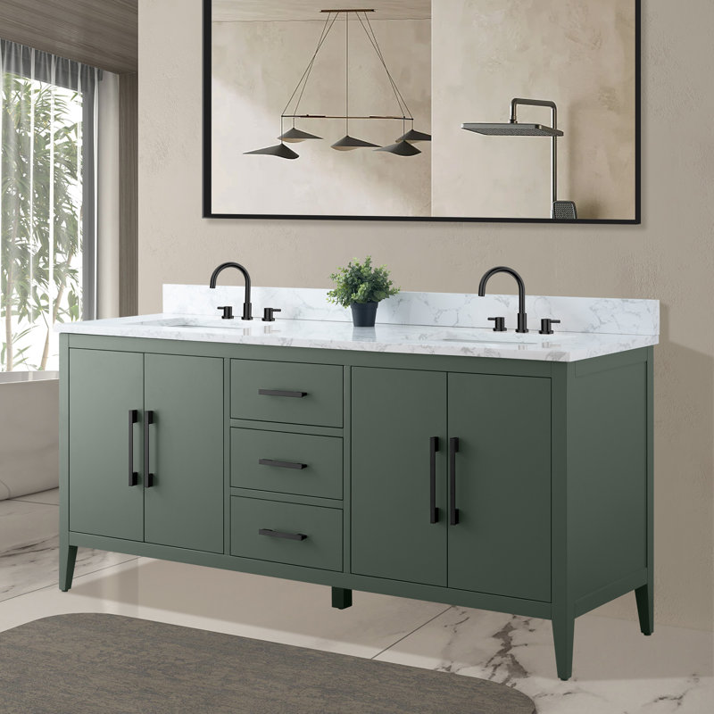Chambery 72" Double Sink Bathroom Vanity with Engineered Marble Top, Vintage Green, Matte Black