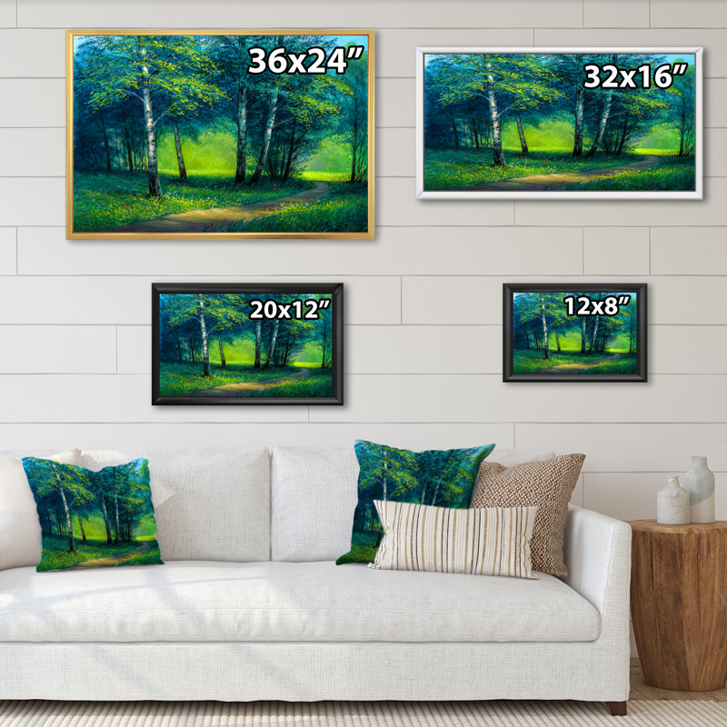 «Path Into Green Summer Birch Forest», art mural sur toile traditionnel, H 16 po x l 32 po x P 1 po, Cadre flottant doré
