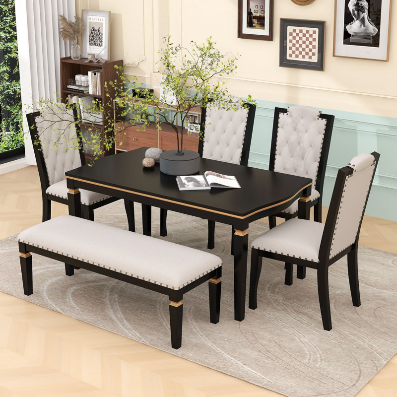 Averielle 6-Piece Kitchen Dining Table Set, Rectangular Table, 4 High-Back Tufted Chairs and 1 Bench, Black