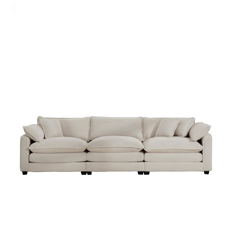 Canapé modulaire Mid-Century 3 places avec 2 accoudoirs et 3 coussins décoratifs, tissu en velours côtelé