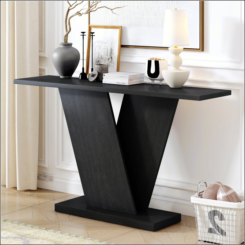 Mirod Console Table With Natural Wood Veneer, V - Base Design For Classic Versatility, Ideal For Displaying Favorite Items And Easy To Assemble