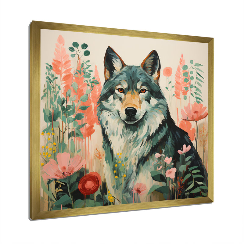 Pink And Green Boho Wolf Portrait II - Wolf Animal Wall Art, Gold Single Picture Framed, 30" H x 30" W x 1.5" D