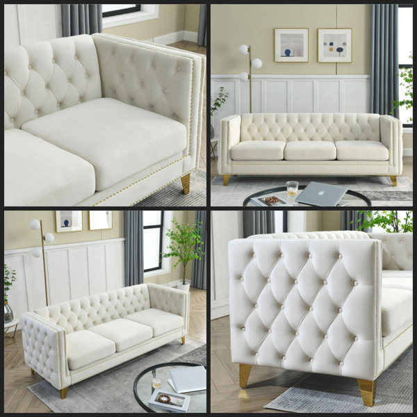 Ebern Designs Luxury Beige Velvet Sofa with Button Tufting & Nailhead ...