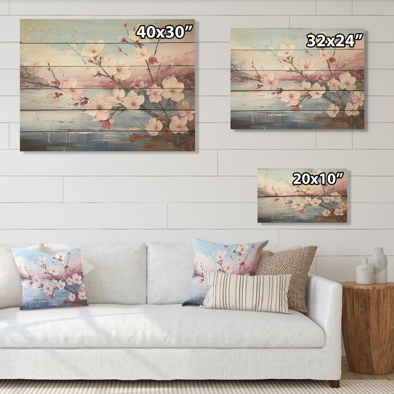 Pommier en fleurs, arbre I - champ de fleurs, art mural sur bois de pin naturel, H 24 po x l 32 po